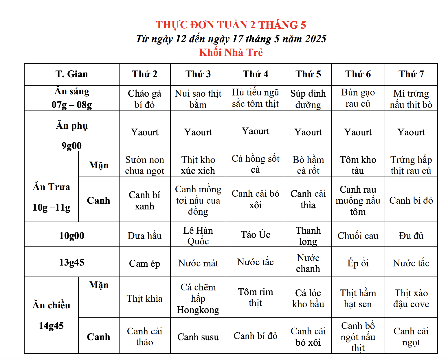 THỰC ĐƠN TUẦN 02 THÁNG 05/2025 (Từ ngày 12/5 đến ngày 17 tháng 5 năm 2025)