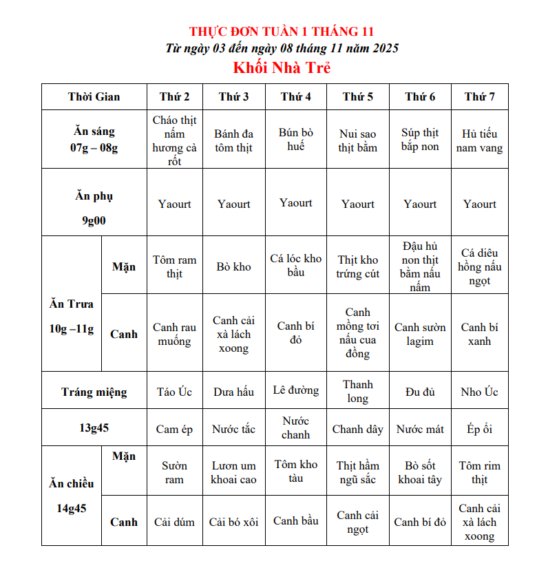 THỰC ĐƠN TUẦN 01 THÁNG 11/2025 (Từ ngày 03/11 đến ngày 08 tháng 11 năm 2025)