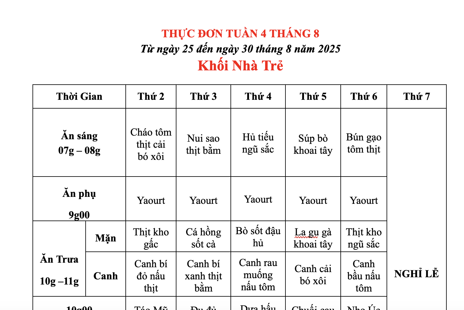 THỰC ĐƠN TUẦN 04 THÁNG 08/2025 (Từ ngày 25/8 đến ngày 30 tháng 8 năm 2025)