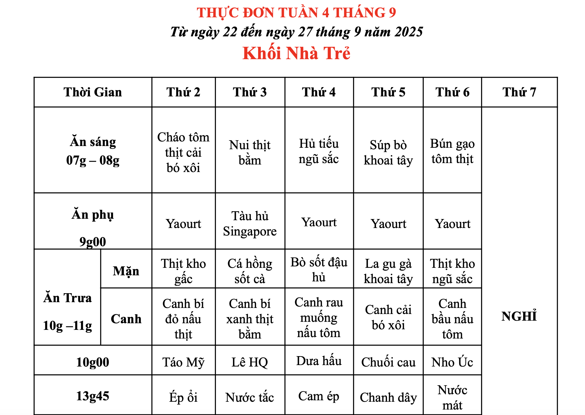 THỰC ĐƠN TUẦN 04 THÁNG 09/2025 (Từ ngày 22/9 đến ngày 27 tháng 9 năm 2025)
