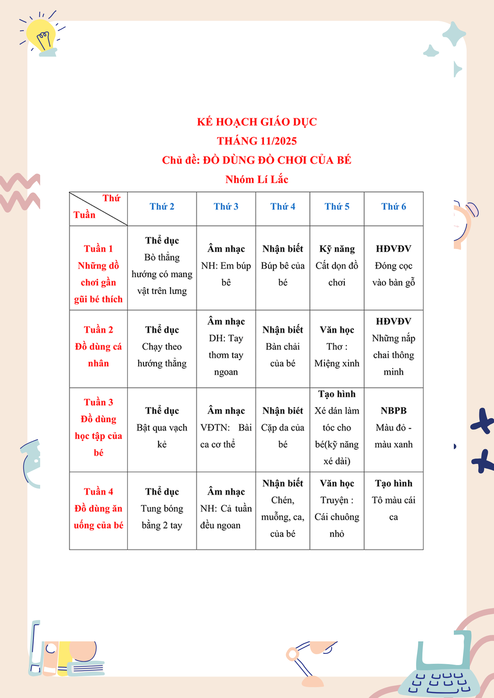 KẾ HOẠCH GIÁO DỤC THÁNG 11/2025 - KHỐI NHÀ TRẺ