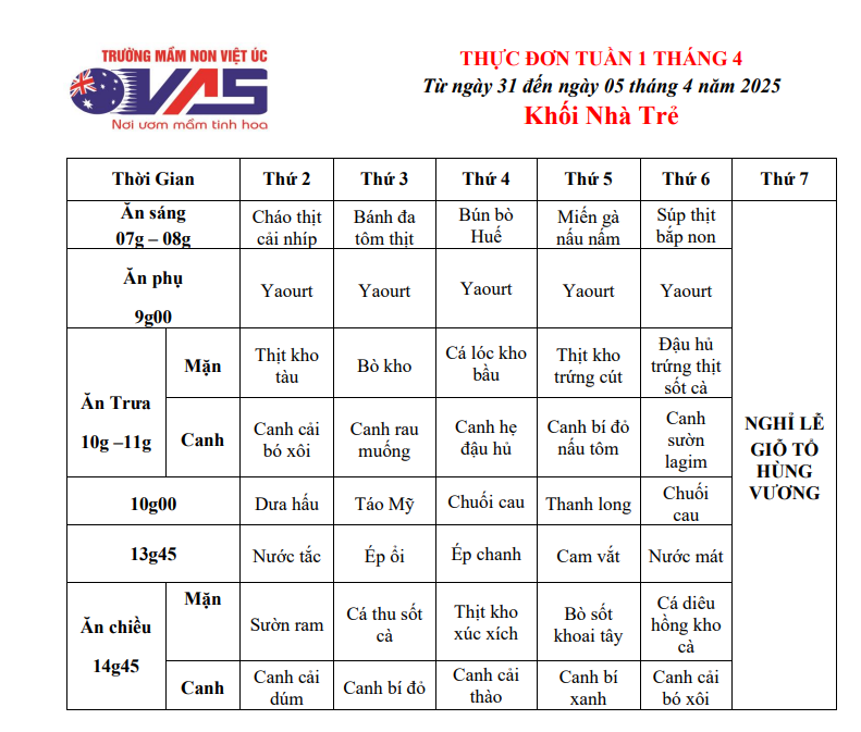 THỰC ĐƠN TUẦN 01 THÁNG 04/2025 (Từ ngày 31 đến ngày 05 tháng 4 năm 2025)