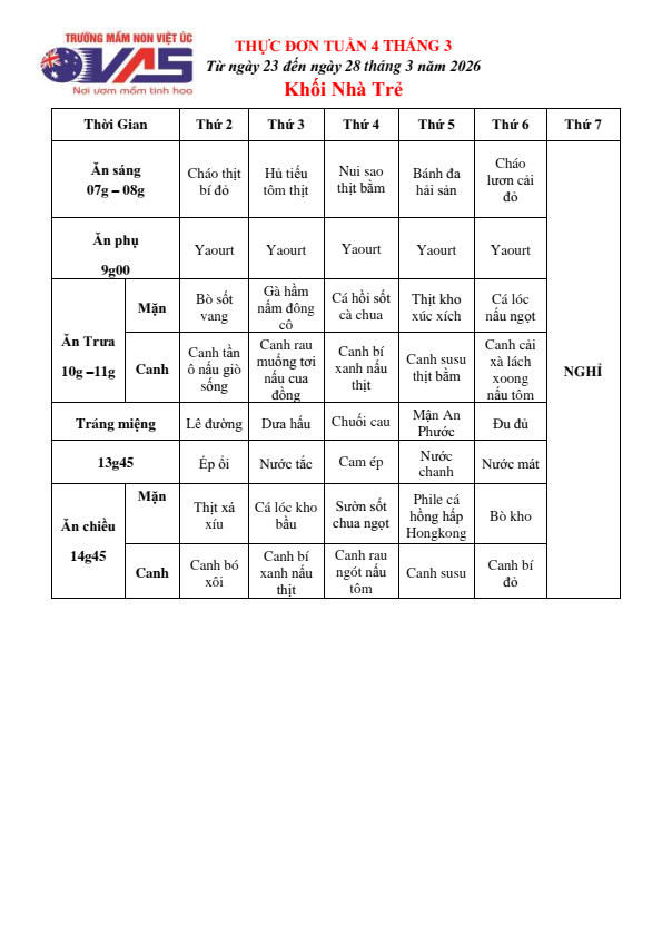 THỰC ĐƠN TUẦN 4 THÁNG 03/2026 (Từ ngày 23/03 đến ngày 28 tháng 03 năm 2026)