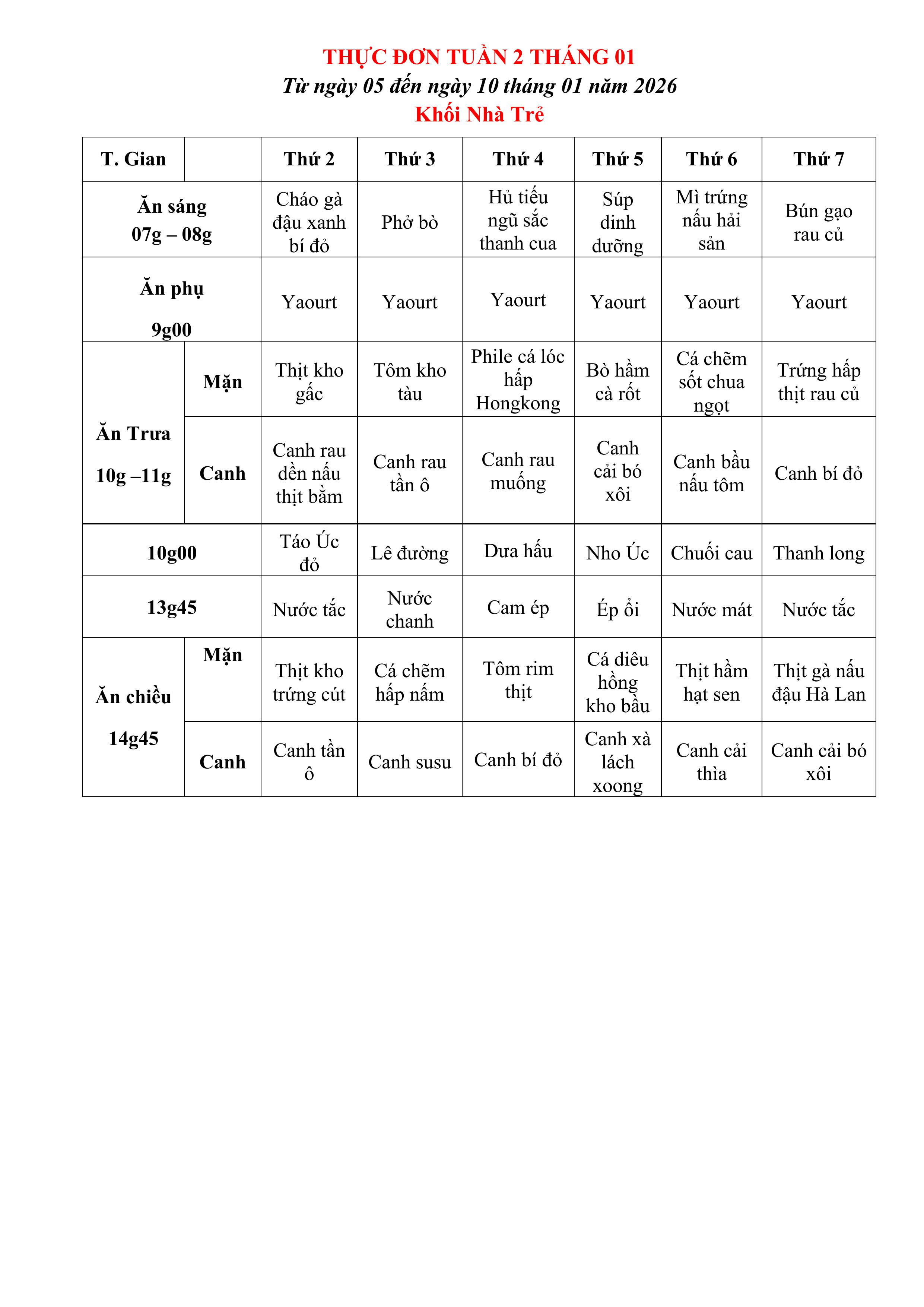 THỰC ĐƠN TUẦN 02 THÁNG 01/2026 (Từ ngày 05/01 đến ngày 10 tháng 01 năm 2026)