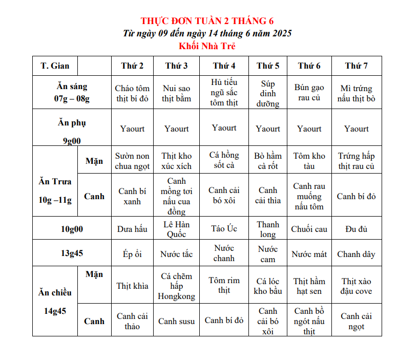 THỰC ĐƠN TUẦN 02 THÁNG 06/2025 (Từ ngày 09 đến ngày 14 tháng 6 năm 2025)