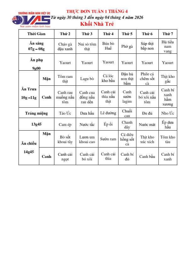 THỰC ĐƠN TUẦN 1 THÁNG 4/2026 (Từ ngày 30/03 đến ngày 04 tháng 04 năm 2026)