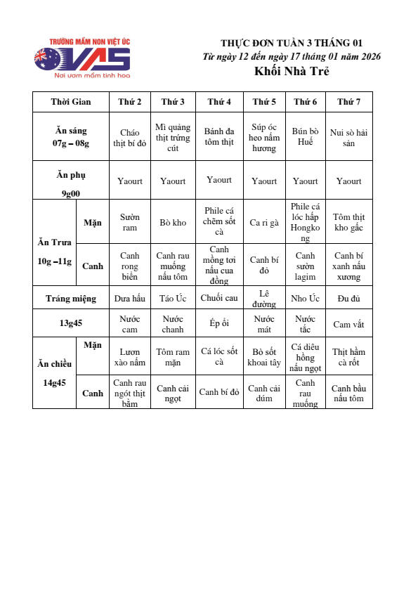 THỰC ĐƠN TUẦN 03 THÁNG 01/2026 (Từ ngày 12/01 đến ngày 17 tháng 01 năm 2026)