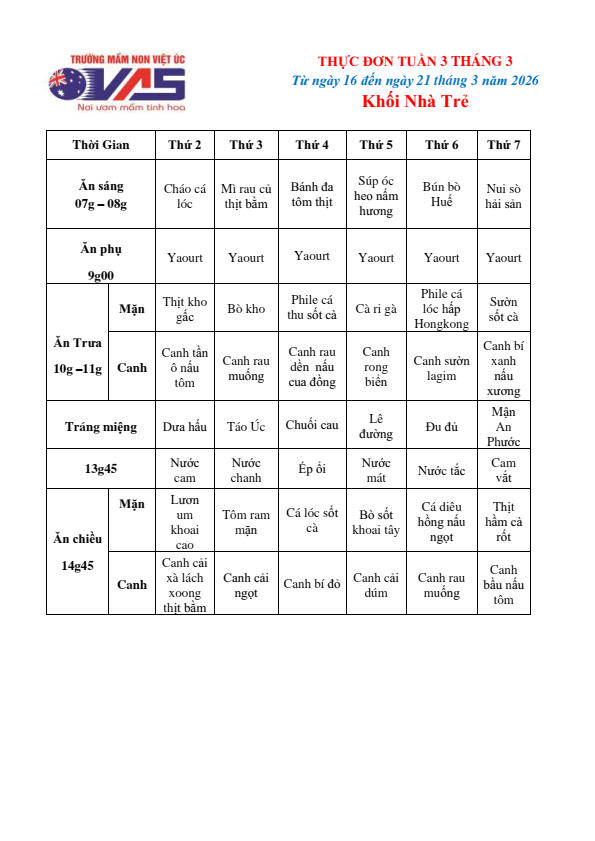 THỰC ĐƠN TUẦN 3 THÁNG 03/2026 (Từ ngày 16/03 đến ngày 21 tháng 03 năm 2026)