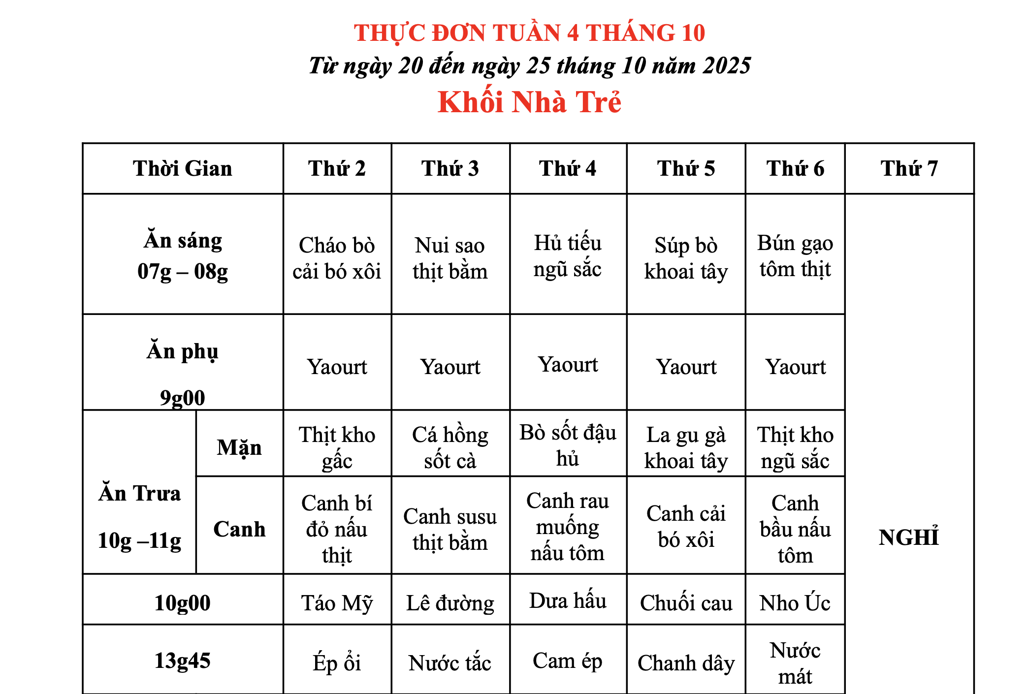 THỰC ĐƠN TUẦN 04 THÁNG 10/2025 (Từ ngày 20/10 đến ngày 25 tháng 10 năm 2025)