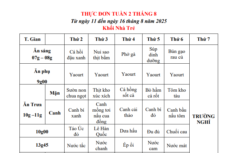 THỰC ĐƠN TUẦN 02 THÁNG 08/2025 (Từ ngày 11/8 đến ngày 16 tháng 8 năm 2025)