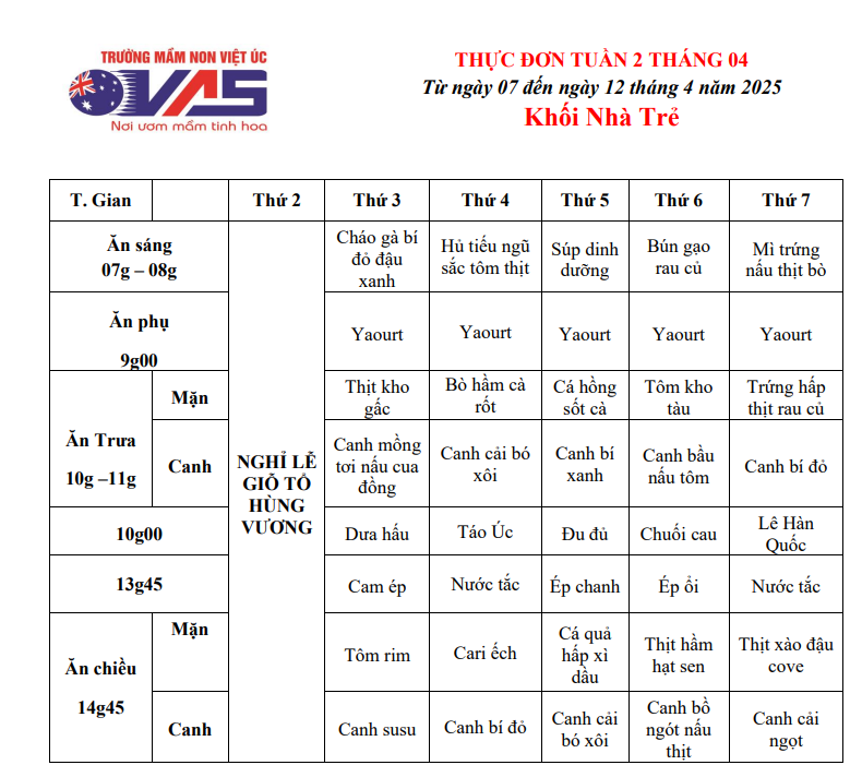 THỰC ĐƠN TUẦN 02 THÁNG 04/2025 (Từ ngày 07 đến ngày 12 tháng 4 năm 2025)
