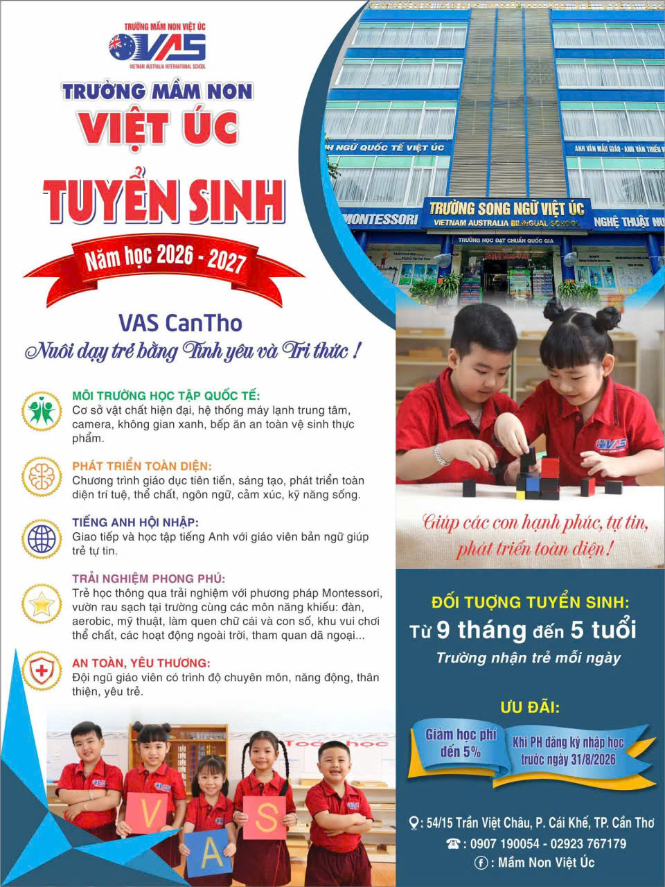 TRƯỜNG MẦM NON VIỆT ÚC THÔNG BÁO TUYỂN SINH NĂM HỌC 2026 - 2027