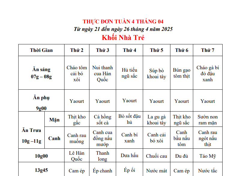 THỰC ĐƠN TUẦN 04 THÁNG 04/2025 (Từ ngày 21 đến ngày 26 tháng 4 năm 2025)