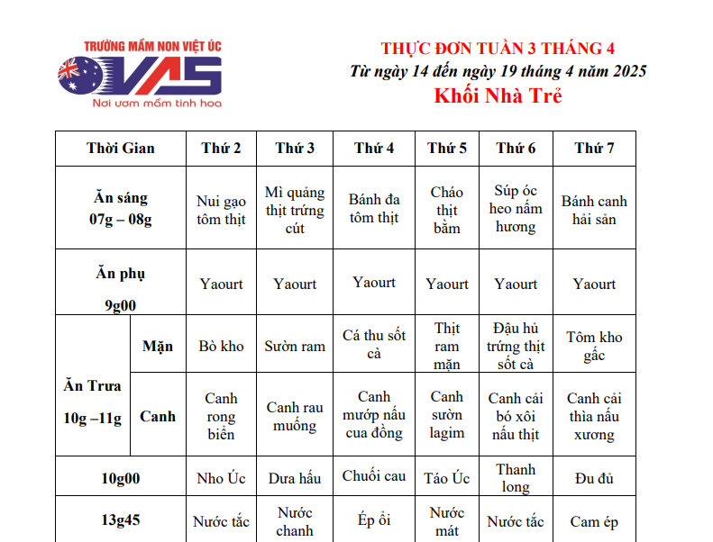 THỰC ĐƠN TUẦN 03 THÁNG 04/2025 (Từ ngày 14 đến ngày 19 tháng 4 năm 2025)