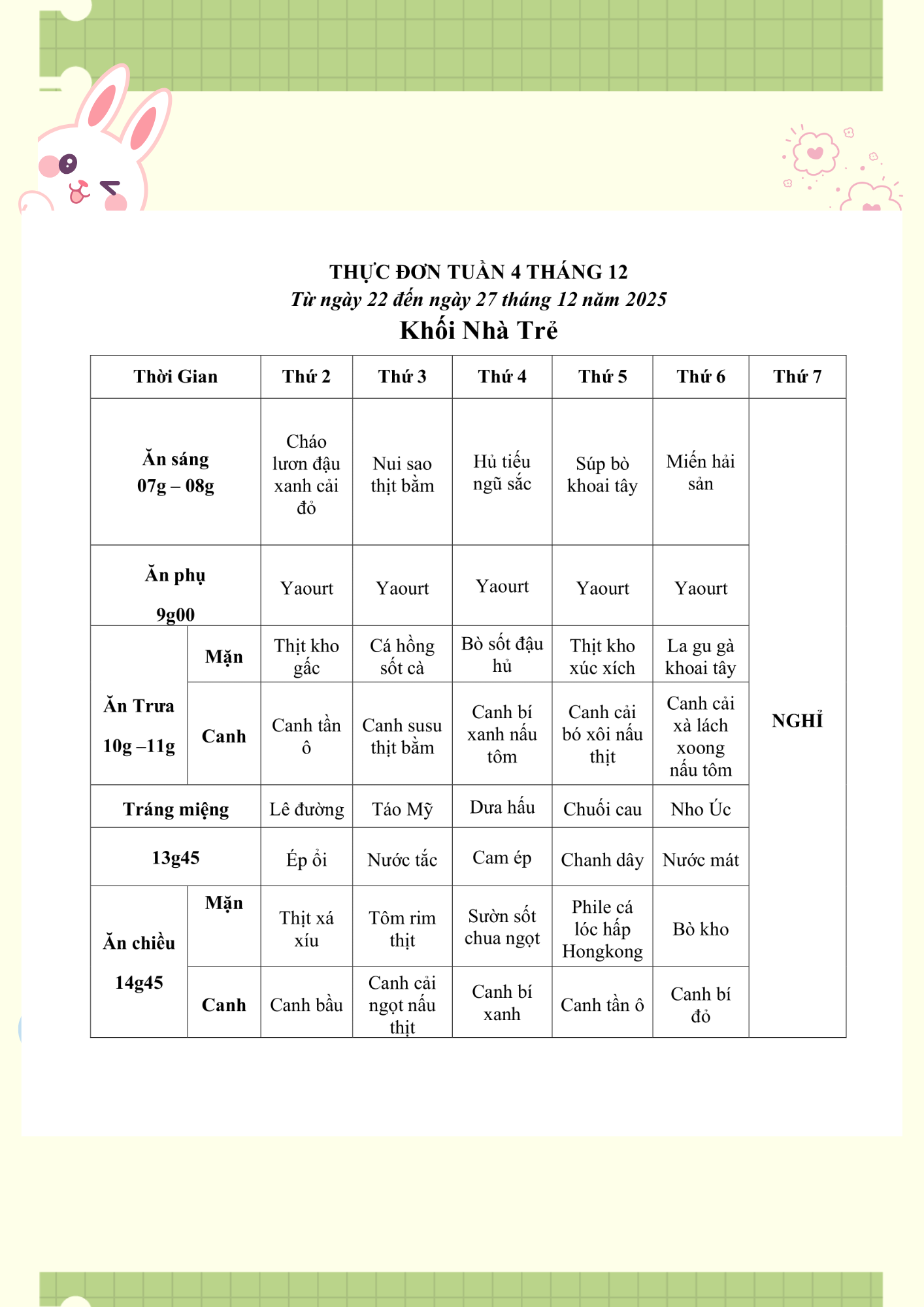 THỰC ĐƠN TUẦN 04 THÁNG 12/2025 (Từ ngày 22/12 đến ngày 27 tháng 12 năm 2025)