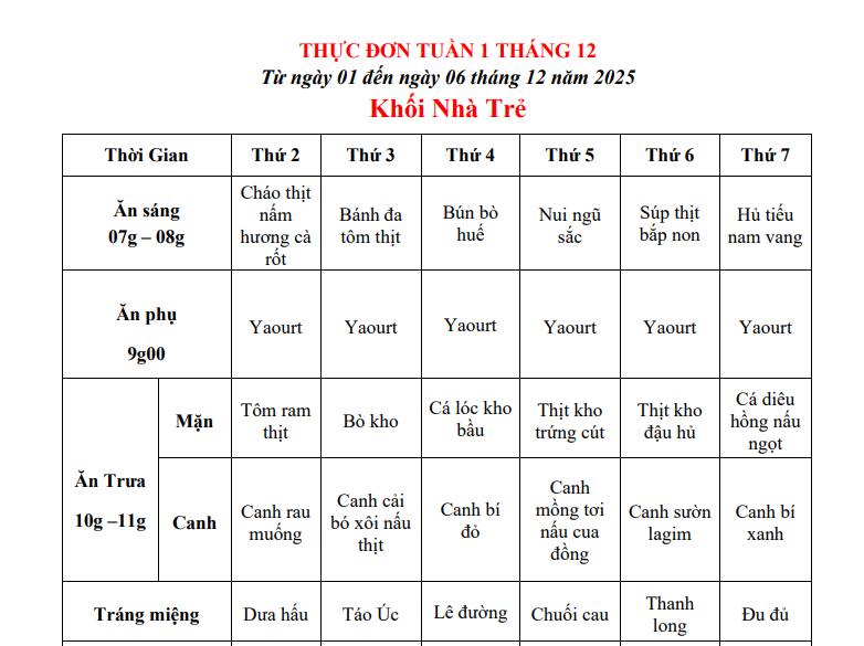 THỰC ĐƠN TUẦN 01 THÁNG 12/2025 (Từ ngày 01/12 đến ngày 06 tháng 12 năm 2025)