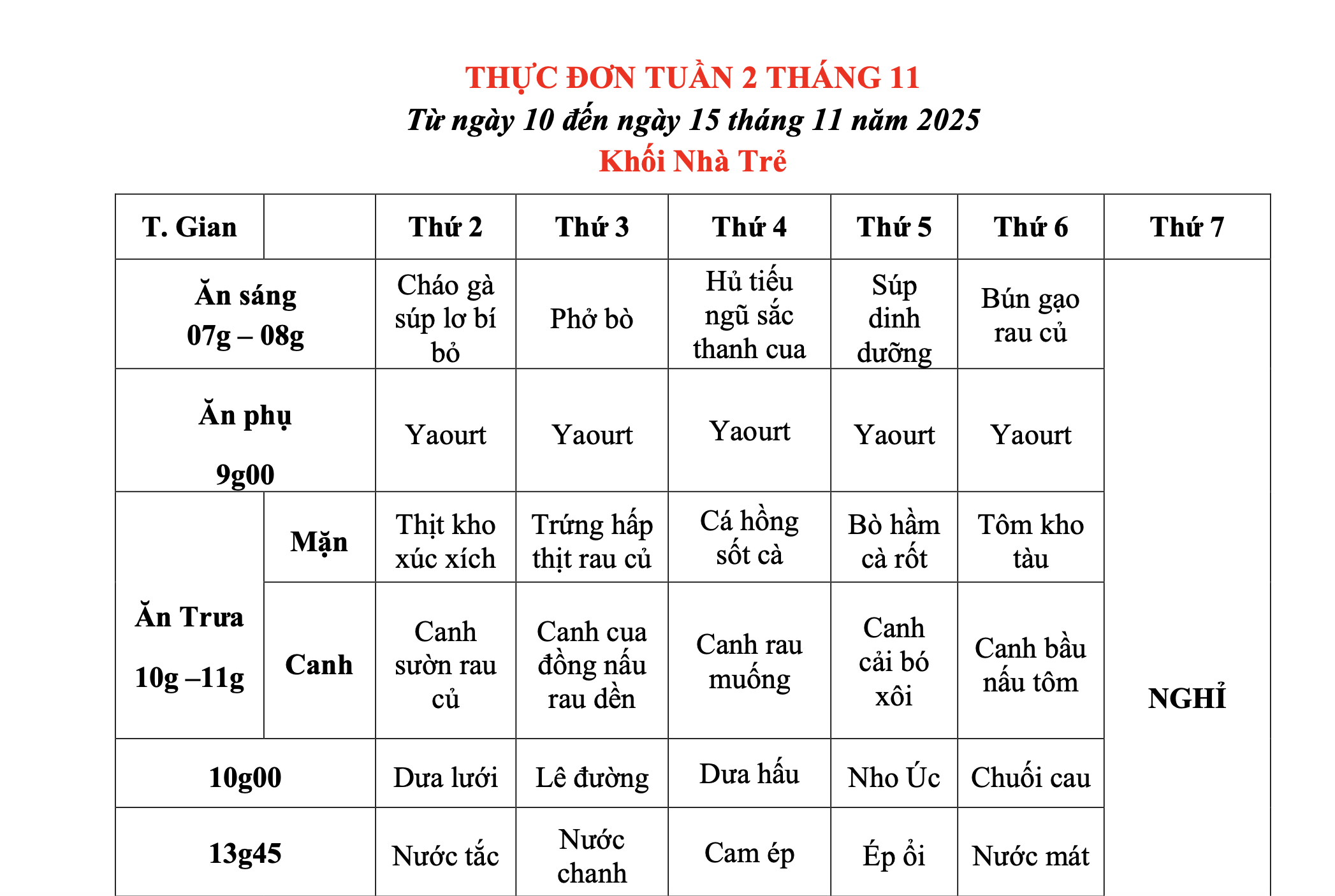 THỰC ĐƠN TUẦN 02 THÁNG 11/2025 (Từ ngày 10/11 đến ngày 15 tháng 11 năm 2025)