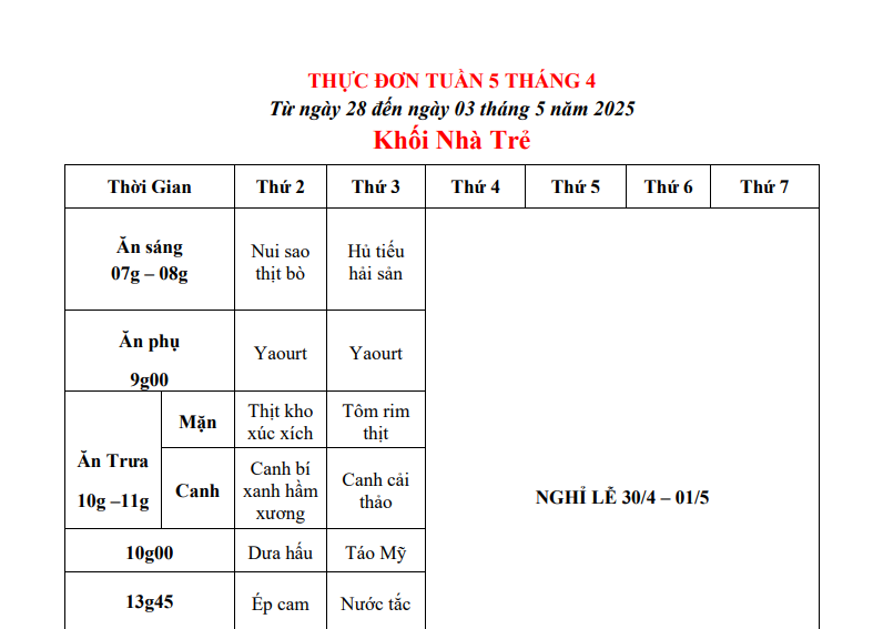 THỰC ĐƠN TUẦN 05 THÁNG 04/2025 (Từ ngày 28/4 đến ngày 03 tháng 5 năm 2025)