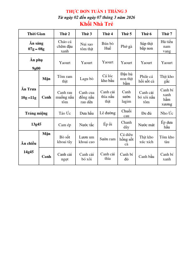 THỰC ĐƠN TUẦN 1 THÁNG 03/2026 (Từ ngày 2/03 đến ngày 07 tháng 03 năm 2026)