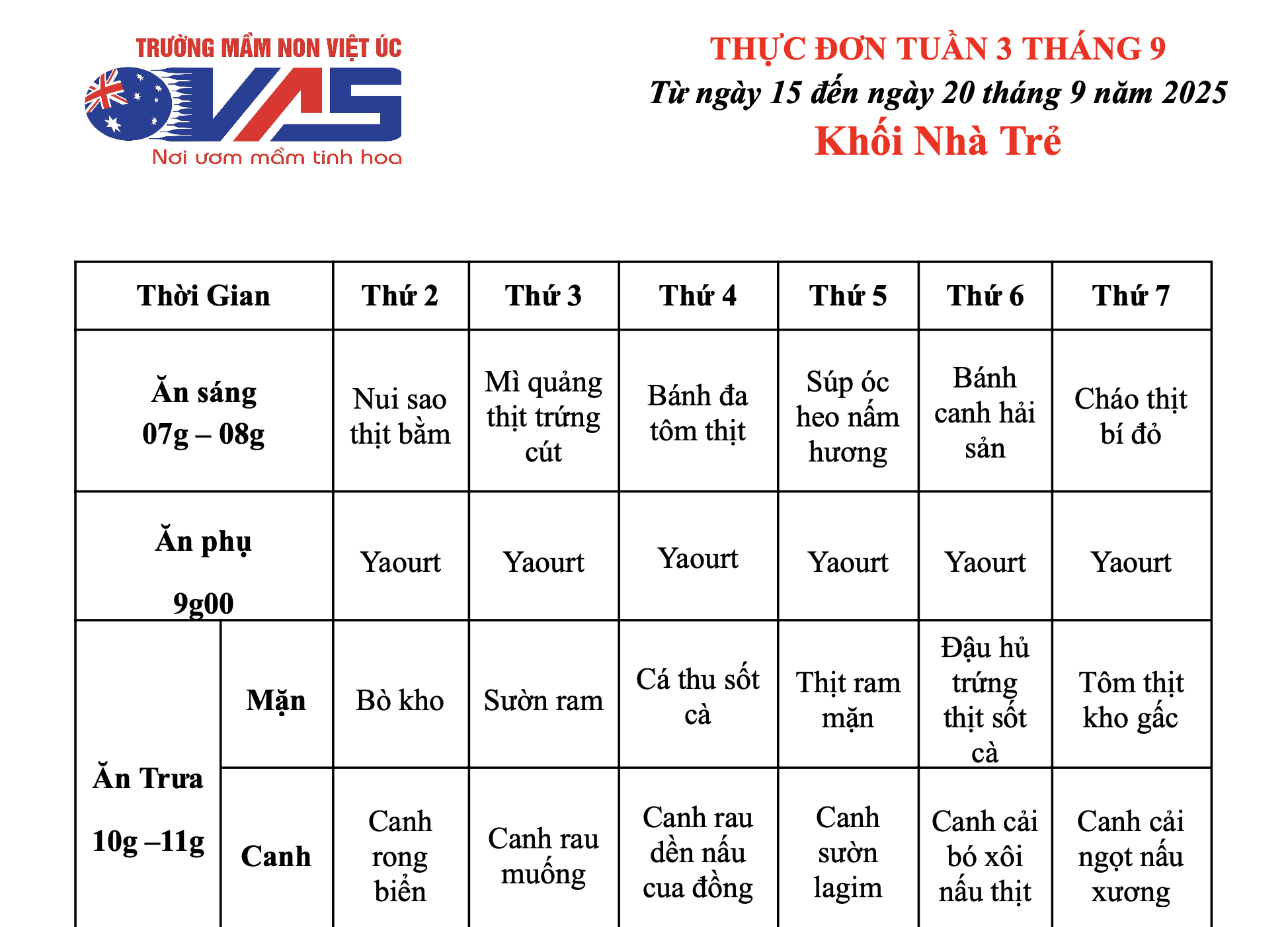 THỰC ĐƠN TUẦN 03 THÁNG 09/2025 (Từ ngày 15/9 đến ngày 20 tháng 9 năm 2025)