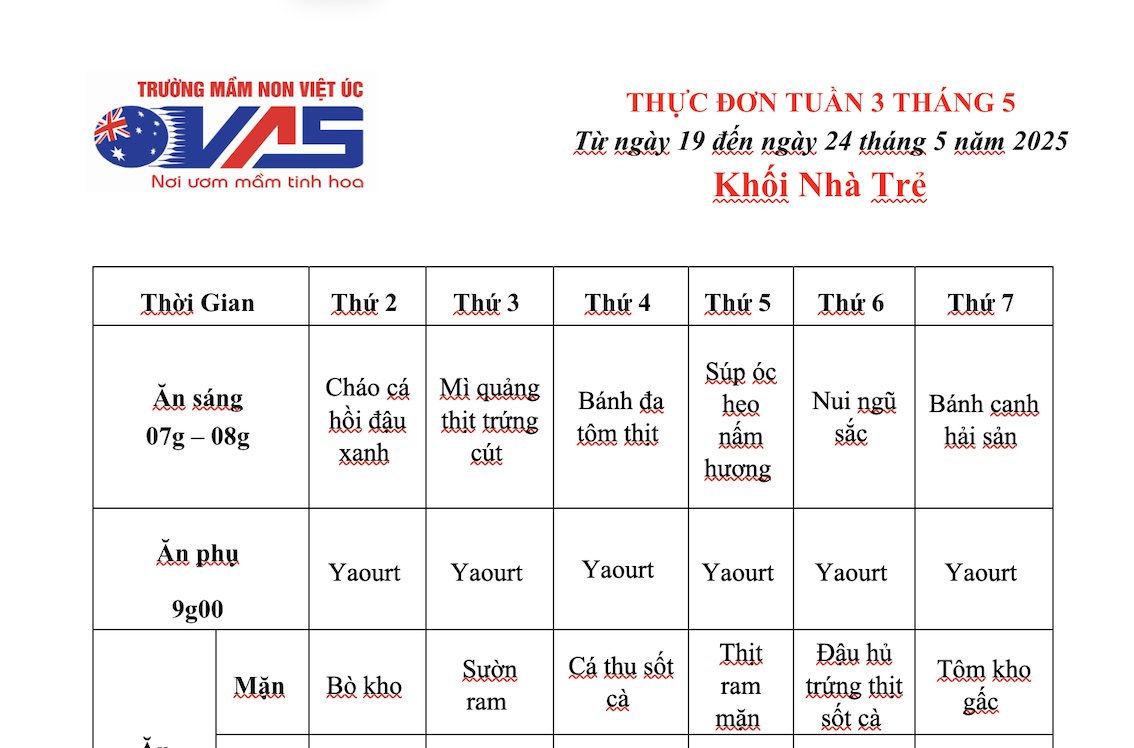 THỰC ĐƠN TUẦN 03 THÁNG 05/2025 (Từ ngày 19/5 đến ngày 24 tháng 5 năm 2025)