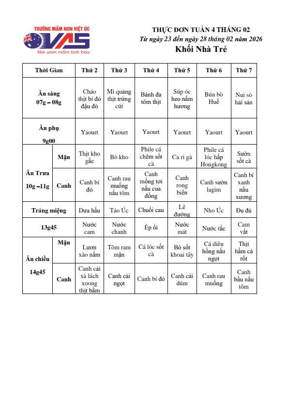 THỰC ĐƠN TUẦN 4 THÁNG 02/2026 (Từ ngày 23/02 đến ngày 28 tháng 02 năm 2026)