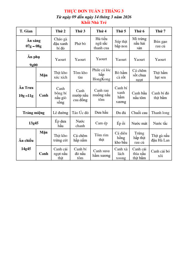 THỰC ĐƠN TUẦN 2 THÁNG 03/2026 (Từ ngày 9/03 đến ngày 14 tháng 03 năm 2026)