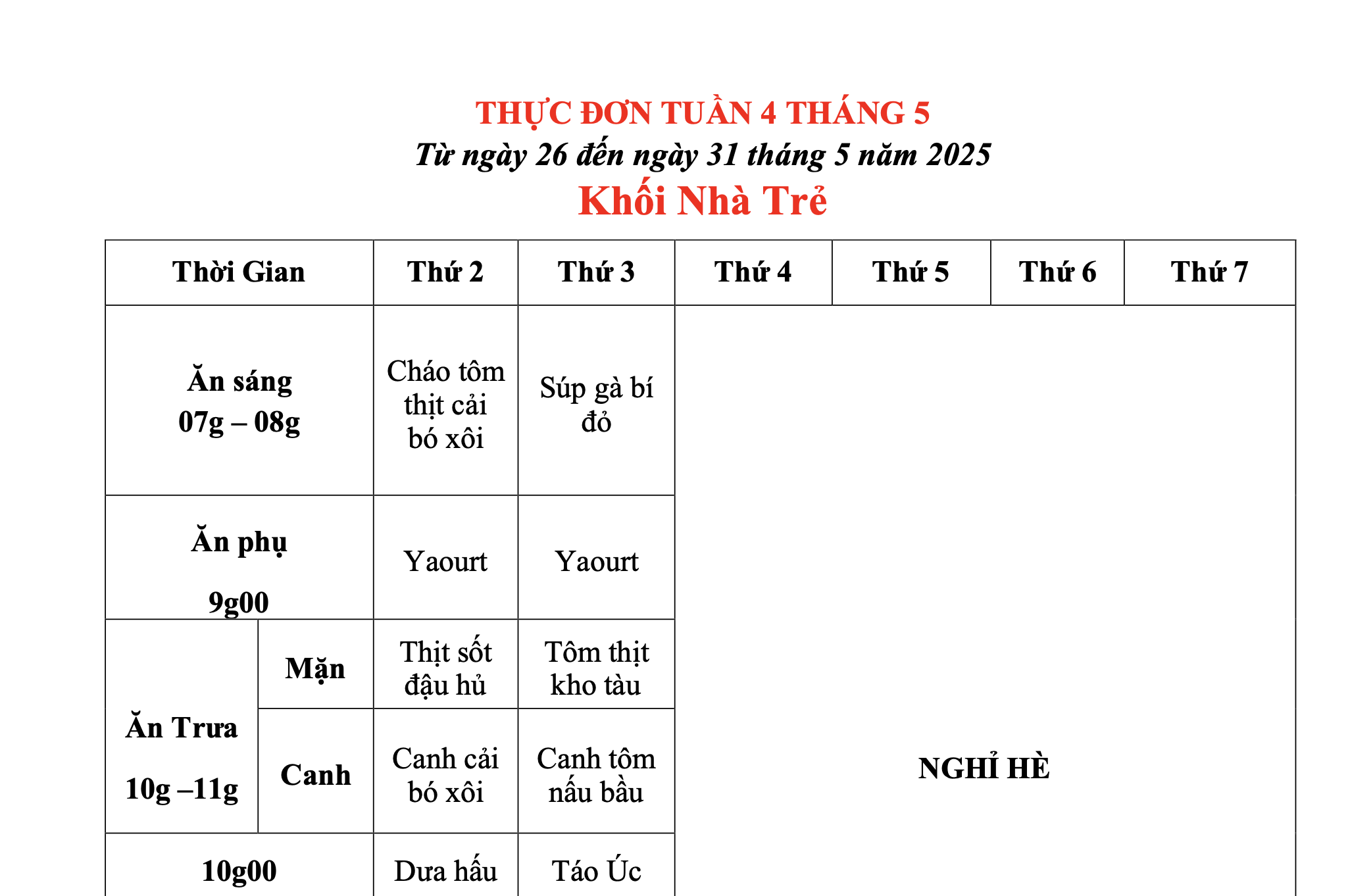 THỰC ĐƠN TUẦN 04 THÁNG 05/2025 (Từ ngày 26 đến ngày 31 tháng 5 năm 2025)