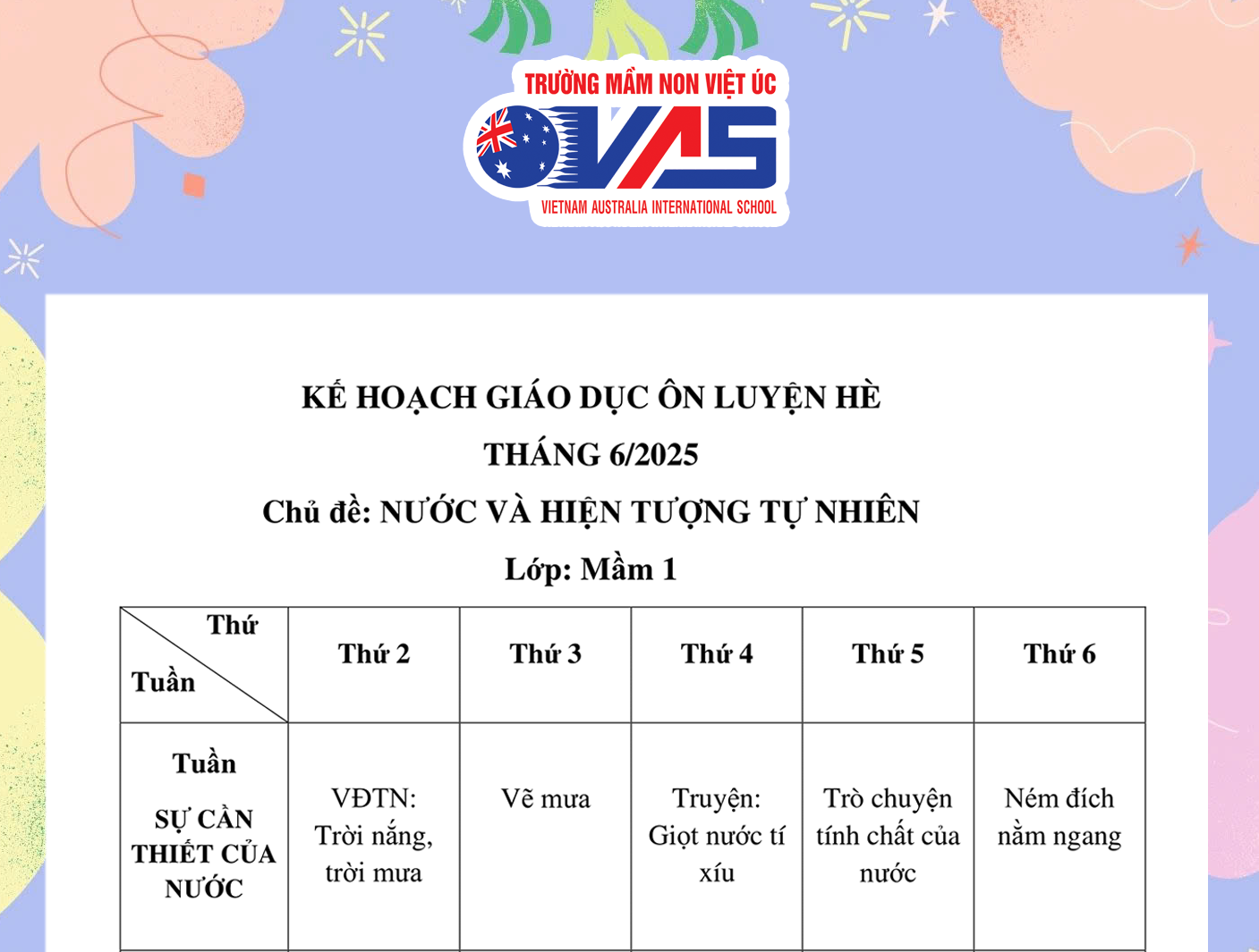 CHƯƠNG TRÌNH HỌC THÁNG 06/2025 - KHỐI LỚP MẦM