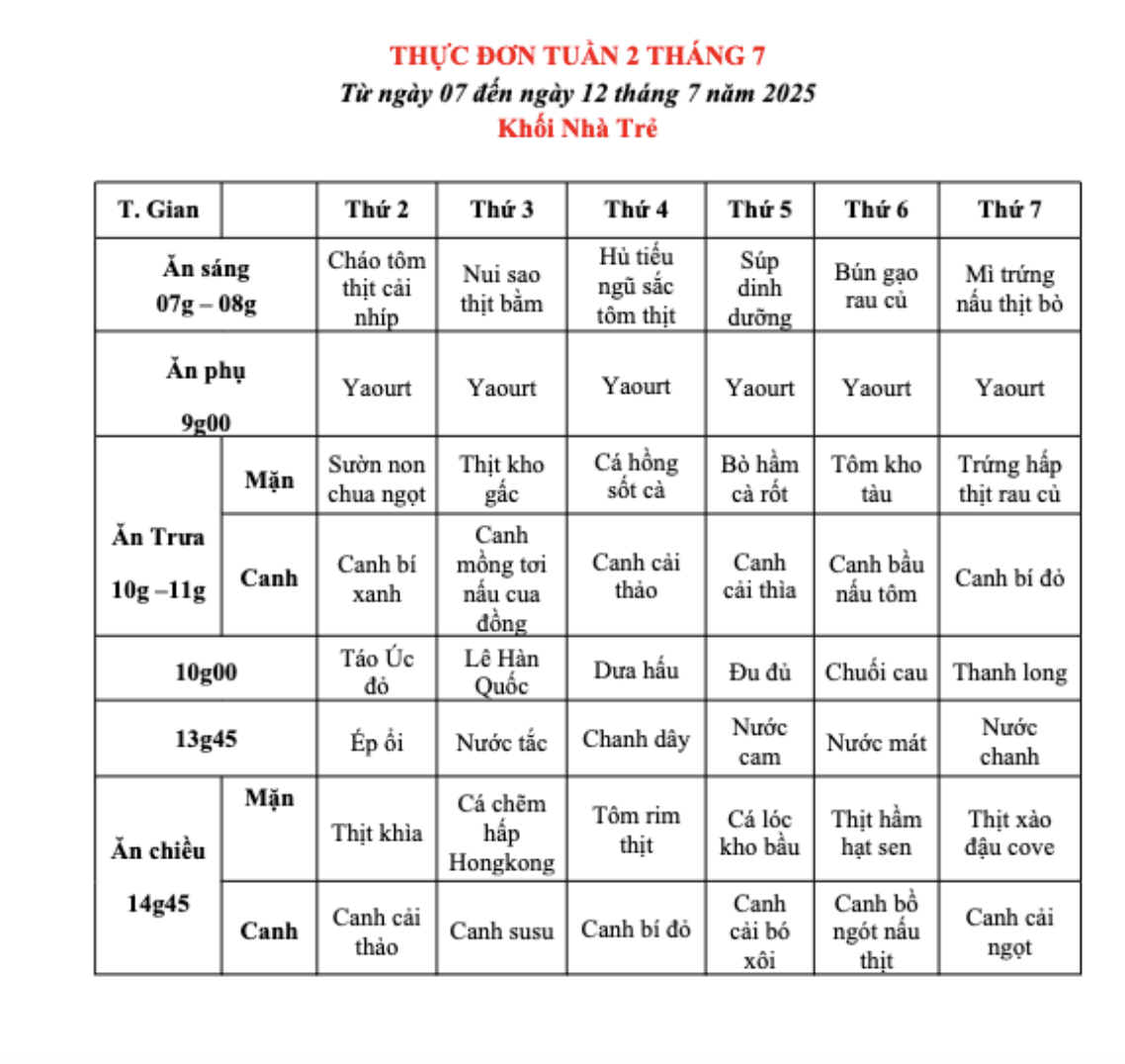 THỰC ĐƠN TUẦN 02 THÁNG 07/2025 (Từ ngày 07/7 đến ngày 12 tháng 7 năm 2025)