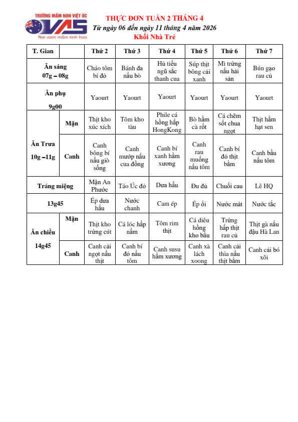 THỰC ĐƠN TUẦN 2 THÁNG 4/2026 (Từ ngày 06/04 đến ngày 11 tháng 04 năm 2026)