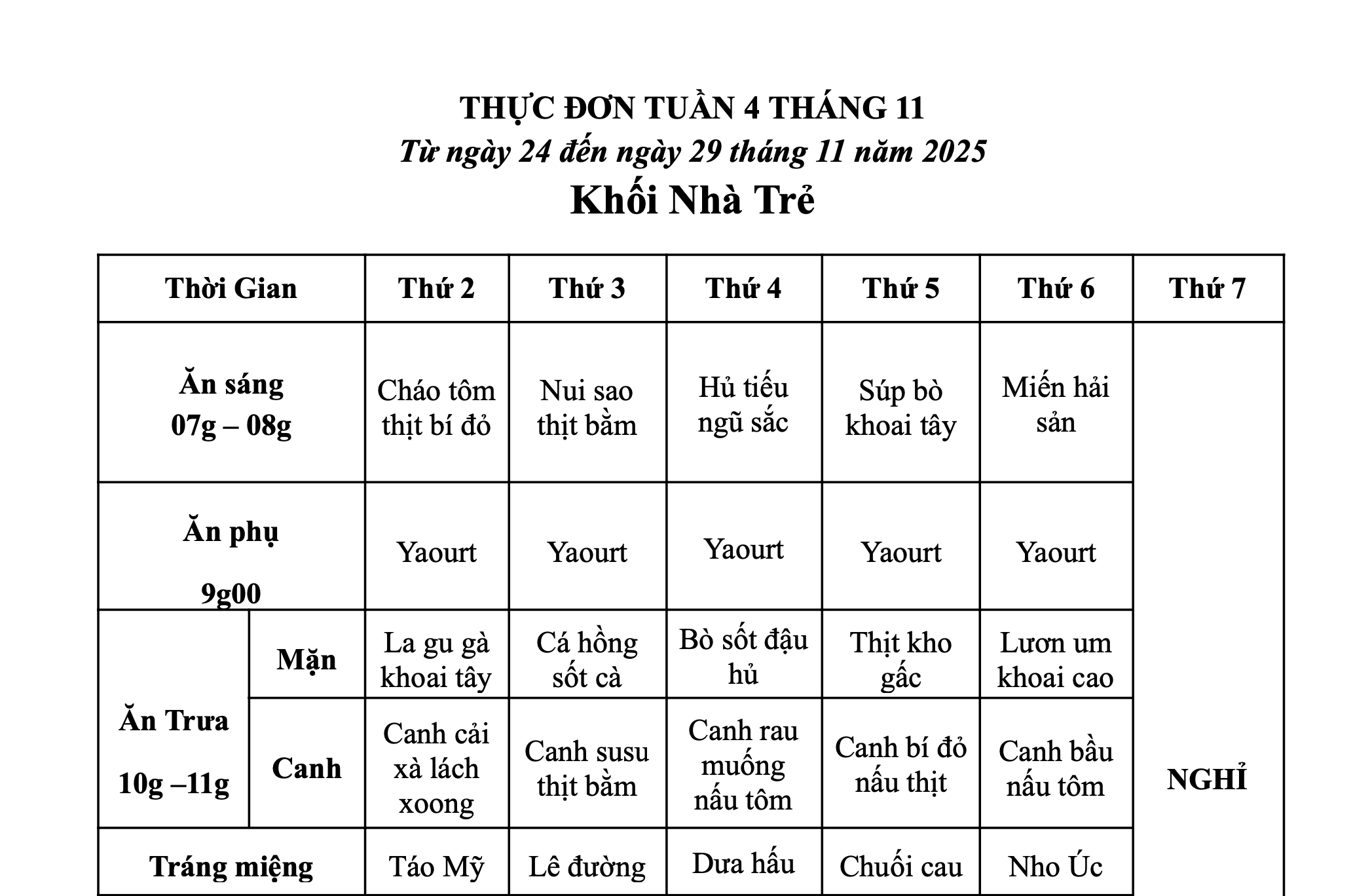 THỰC ĐƠN TUẦN 04 THÁNG 11/2025 (Từ ngày 24/11 đến ngày 29 tháng 11 năm 2025)