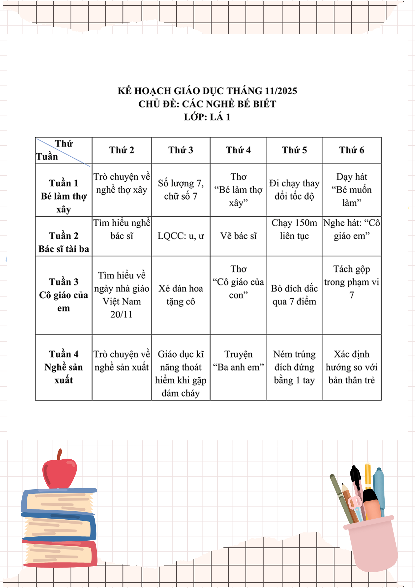 KẾ HOẠCH GIÁO DỤC THÁNG 11/2025 - KHỐI LỚP LÁ