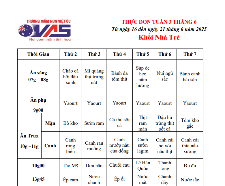 THỰC ĐƠN TUẦN 03 THÁNG 06/2025 (Từ ngày 16 đến ngày 21 tháng 6 năm 2025)
