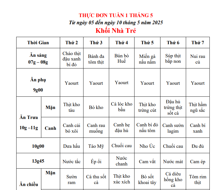 THỰC ĐƠN TUẦN 01 THÁNG 05/2025 (Từ ngày 05/5 đến ngày 10 tháng 5 năm 2025)