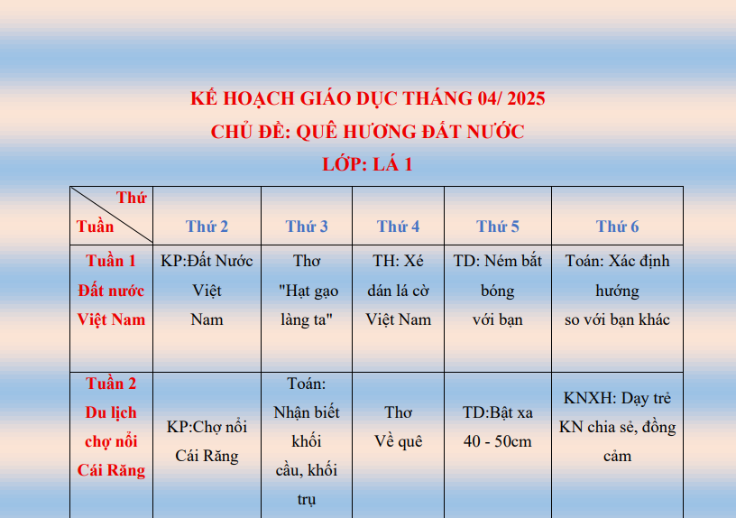 CHƯƠNG TRÌNH HỌC THÁNG 04/2025 - KHỐI LỚP LÁ