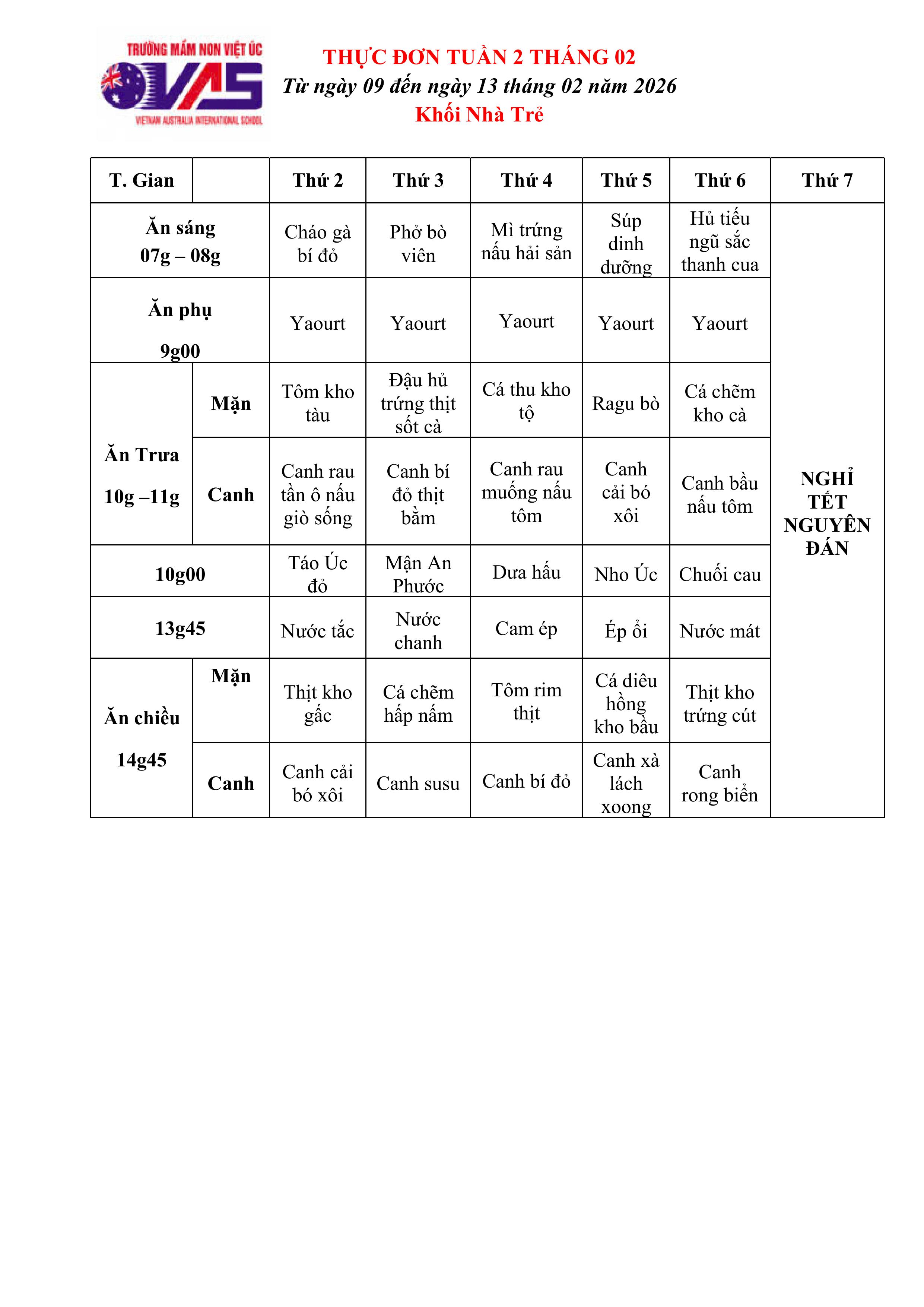 THỰC ĐƠN TUẦN 2 THÁNG 02/2026 (Từ ngày 09/02 đến ngày 13 tháng 02 năm 2026)