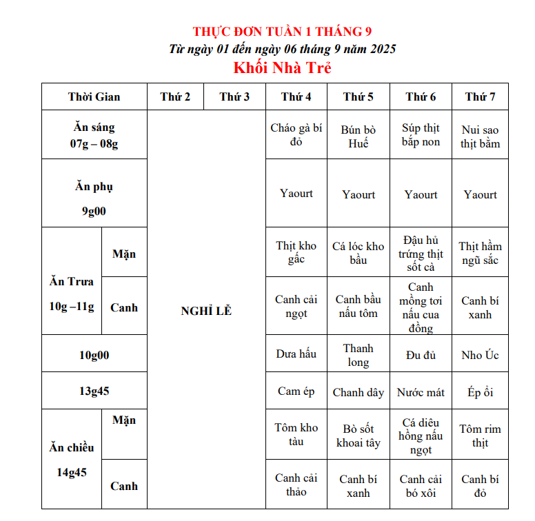 THỰC ĐƠN TUẦN 01 THÁNG 09/2025 (Từ ngày 01/9 đến ngày 06 tháng 9 năm 2025)
