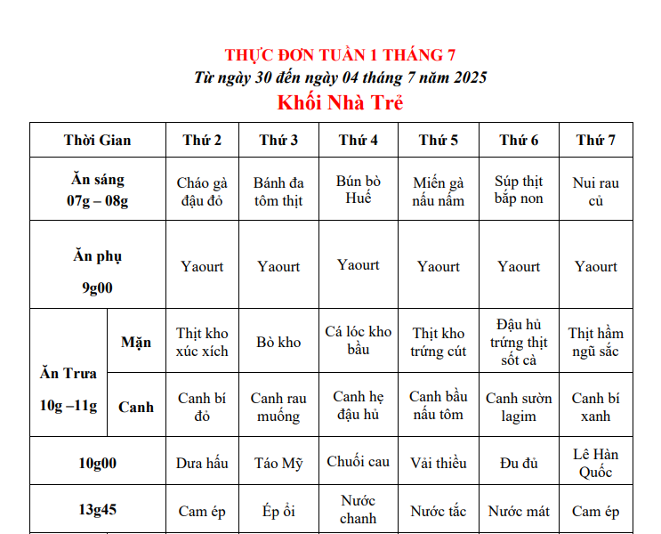 THỰC ĐƠN TUẦN 01 THÁNG 07/2025 (Từ ngày 30/6 đến ngày 04 tháng 7 năm 2025)